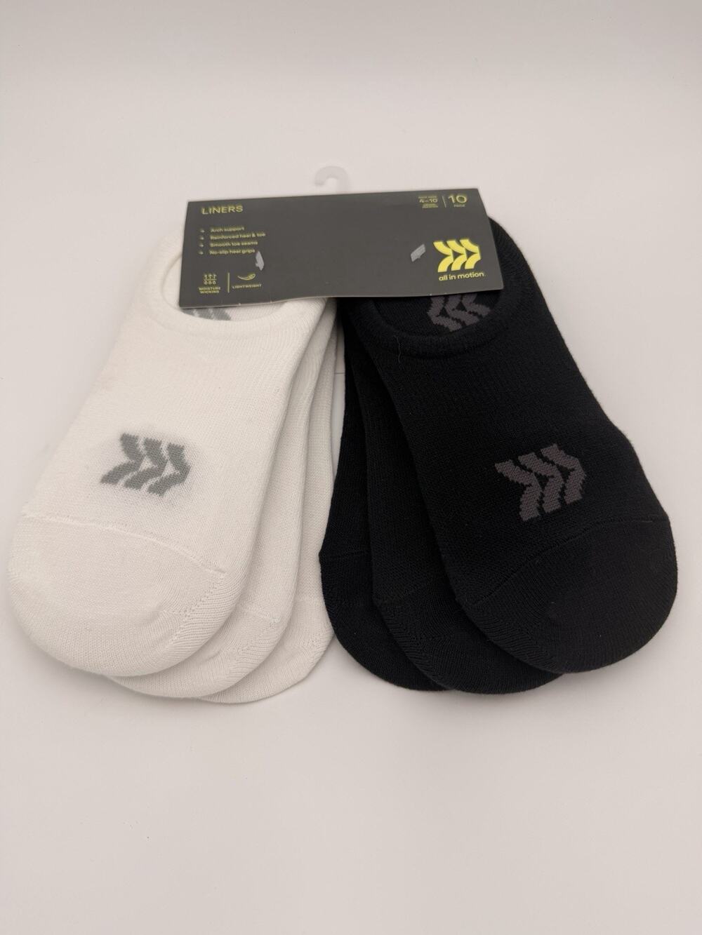 All in Motion No Show Liner Socks 10 Pack Black White Shoe Size 4-10 NWT